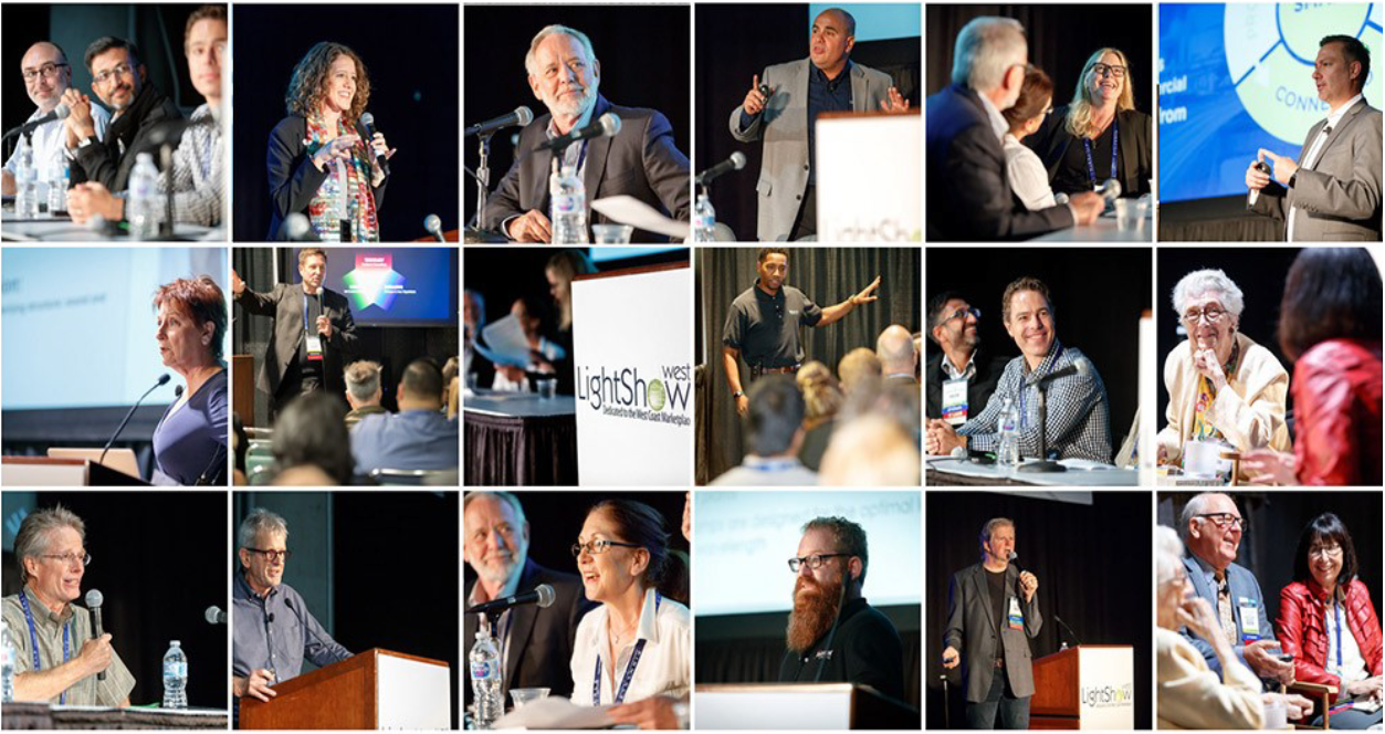 Collage of photos of various speakers at LightShow West