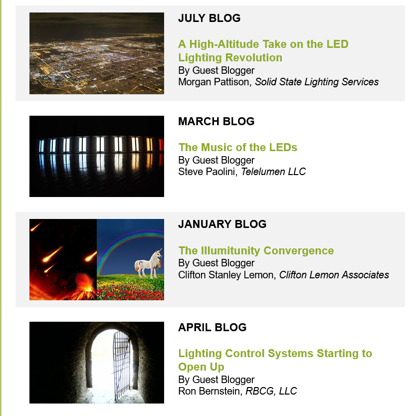 listing of four blogs from WestCoast Lighting Insider show images title and authors